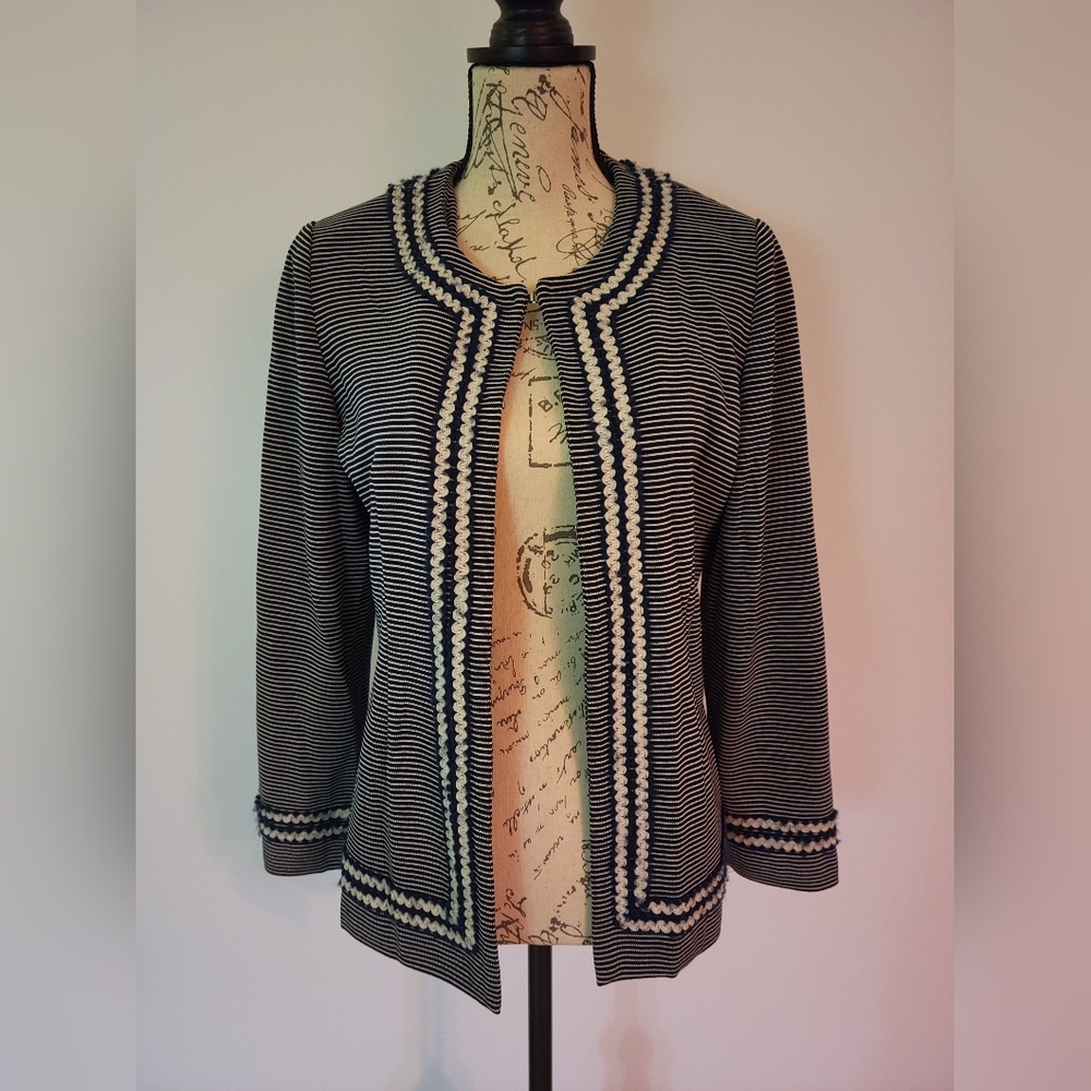 Misook Navy and White Striped Knit Cardigan